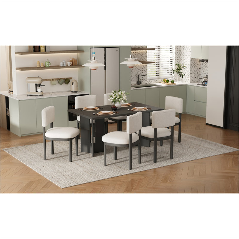 Ensemble de salle à manger rectangulaire en bois massif Farmhouse avec 6 chaises rembourrées, 6 places, gris classique, 60 pouces