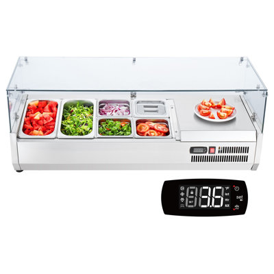 Refrigerated Condiment Prep Station, 135 W Countertop Refrigerated Condiment Station, with 2 1/3 Pans & 4 1/6 Pans, 304 Stainless Body and PC Lid, Sandwich Prep Table with Glass Guard, ETL