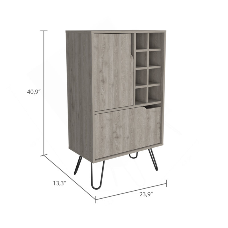 Armoire à porte simple L Bar, huit porte-bouteilles encastrés, quatre pieds, gris clair