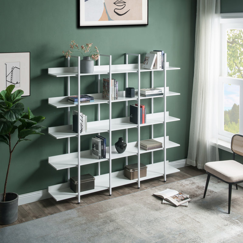 5 Tier Bookcase Home Office Open Bookshelf, Vintage Industrial Style Shelf With Metal Frame, MDF Board, White