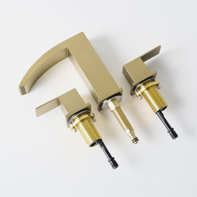 3 Hole Stainless Steel 8 Inch Widespread Bathroom Sink Faucet, Gold Finish, Manual Operation, Double Lever Handles Vanity Widespread, Brushed Gold, Handles, Operation