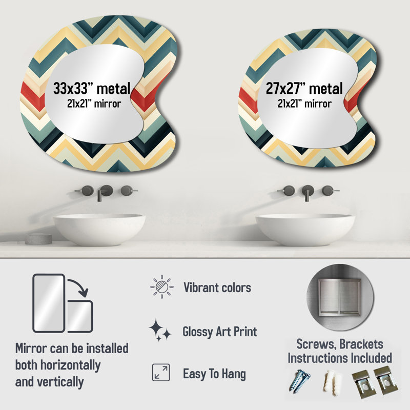 Brosnan Soft Color Vintage Multicolor Chevron - Chevron Unique Shape Decorative Mirror, Glam Asymmetrical Wall Mirror, Printed Metal Art