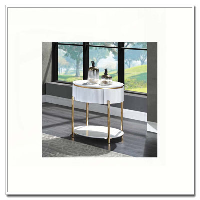 White High Gloss and Gold End Table with Metal Leg