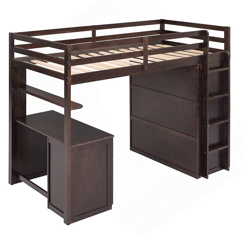 Lit mezzanine avec tiroirs, bureau et garde-robe, Lit simple, Espresso