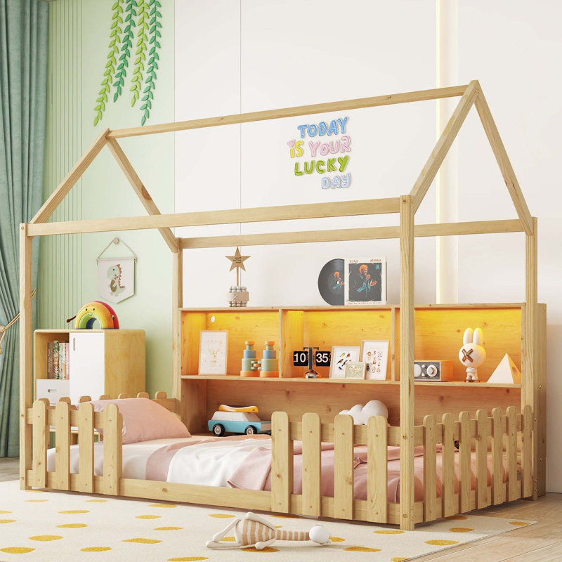 Twin Size House Bed With LED Light, Wood House Bed With Storage Bookshelf, Floor House Bed With Guardrails For Kids, Natural