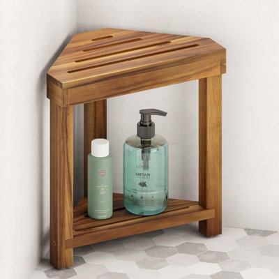 Corner Shower Stool for Shaving Legs with Storage Shelf | Acacia Wood Shower Foot Rest and Water-Resistant Wooden Bath Seat