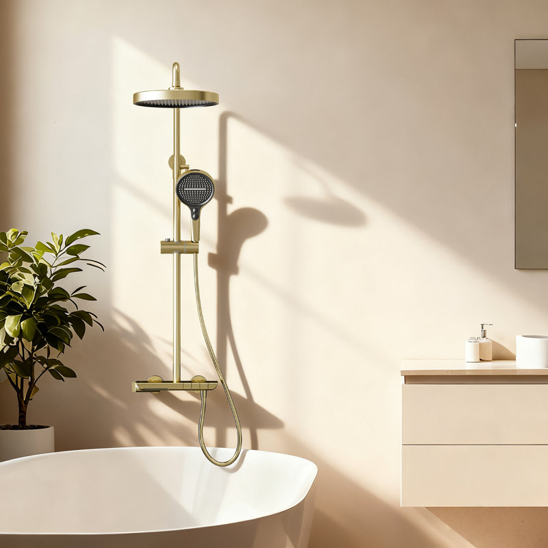 Système de douche à bouton-poussoir 3 fonctions avec douchette de pluie 10,8 po, douchette et baignoire, Or brossé