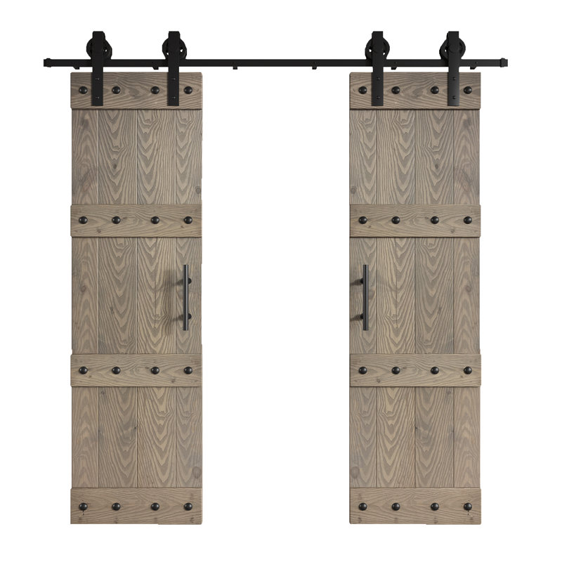 Porte de grange coulissante double en bois avec trousse de quincaillerie Castle Series, 48 po x 84 po, Gris clair