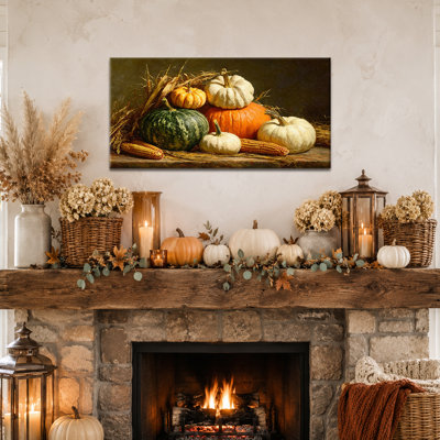 Art mural d'automne, art mural toile citrouille, toile tendue de qualité galerie d'art d'automne, couleurs chaudes de la récolte, style maison de campagne et style traditionnel pour le salon, la chambre à coucher ou la salle à manger, 12 po x 24 po
