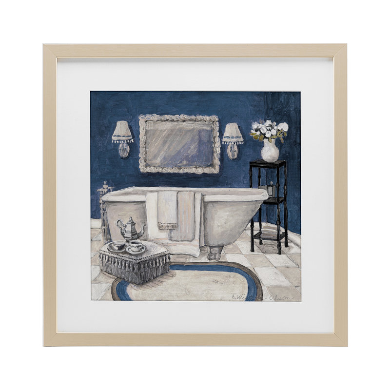 «Peaceful Blue Bath», reproduction encadrée sous verre, conception de Charlene Olson, Cadre de récolte en pin