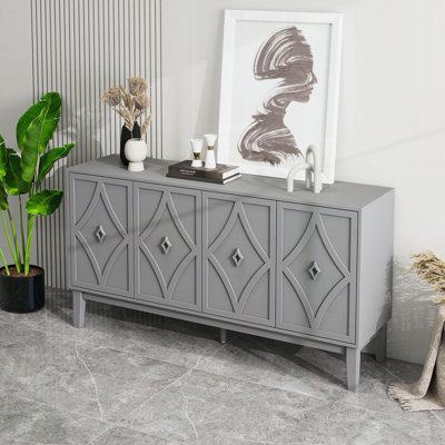 4 Doors Cabinet Vintage Storage Cabinet With Hand-Carved Geometric Doors
