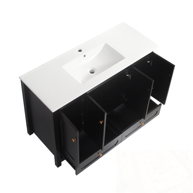 Ensemble de meuble-lavabo avec lavabo en résine, 4 portes à fermeture douce et 2 tiroirs, Noir