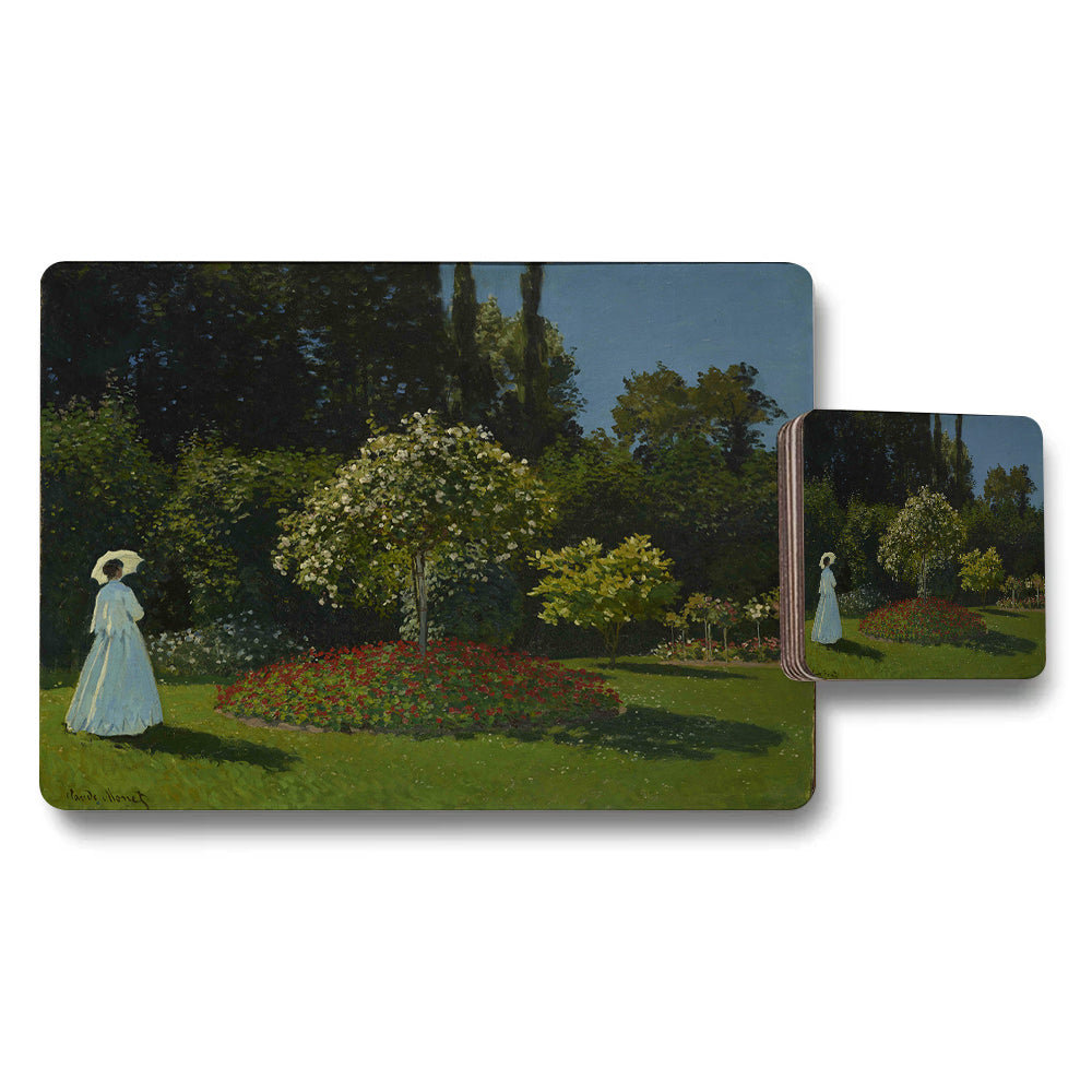 Monet Garden Scene Placemats Coasters Set With Floral Lawn Artwork