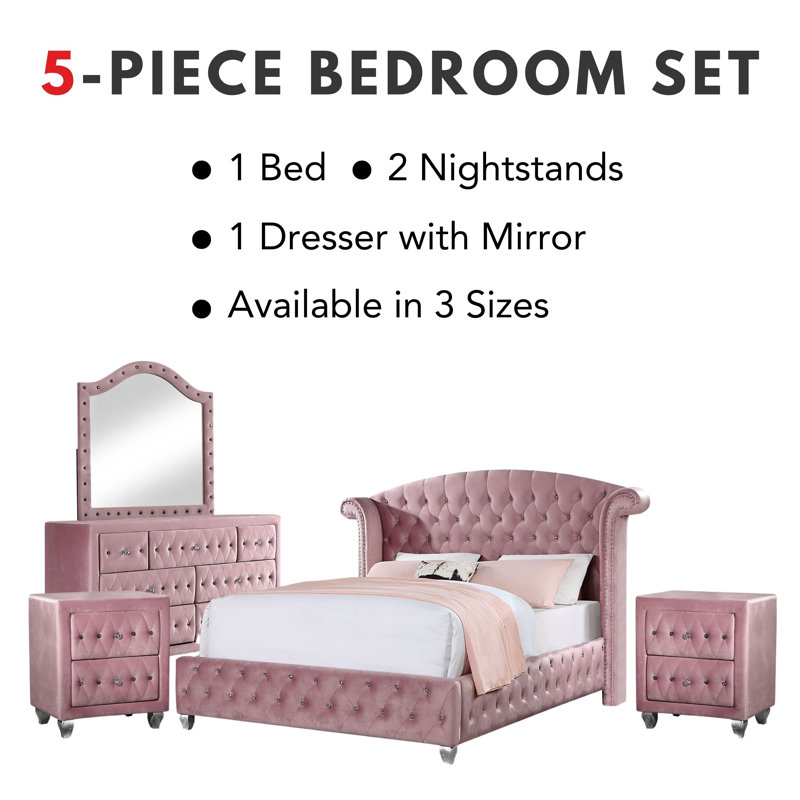 Waldschmidt Upholstered Standard Bedroom Set, Queen, Pink, 5 Pcs: Bed, 2 Nightstands, Dresser, Mirror