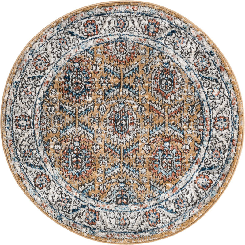 Tapis traditionnel jaune / ivoire, Rond 3 pi 3 po
