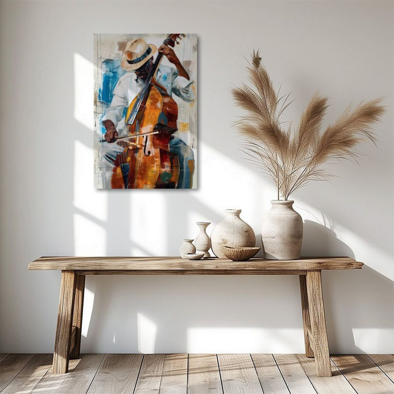 Art mural sur toile encadré 24 po x 36 po, musicien de jazz abstrait jouant de la contrebasse, peinture expressionniste moderne, grande décoration murale de musique pour le salon, la chambre et le bureau