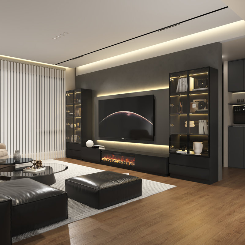 172”w Tv Stand Entertainment Center With Fireplace, Black