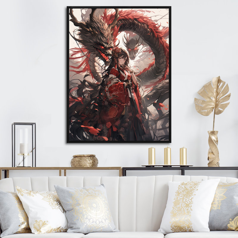Red Princesse dragon I - femme asiatique, Encadrement doré, H 32 po x l 16 po