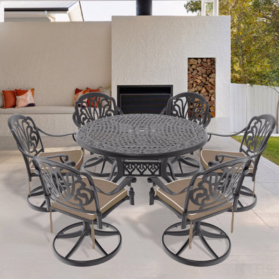 Ensemble de salle à manger 7 pièces en fonte d'aluminium toutes saisons, comprenant 6 chaises pivotantes et une table ronde de 48,03 po avec structure noire