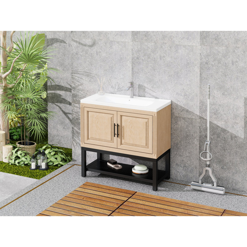 36-Inch Freestanding Bathroom Vanity With White Ceramic Sink, Hot And Cold Faucet, 2 Storage Doors, Open Iron Shelf, Featuring Adjustable Foot Pads, Metal Hinges, Textured Faucet For Ample Durability