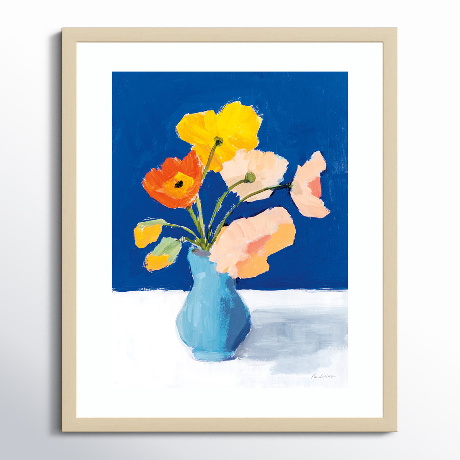 "Poppies on Blue" Painting by Pamela M., Brown, 25.12" H x 20.12" W x 0.88" D