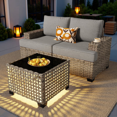 Modern Outdoor Wicker Patio Sofa Set With Solar-Lit Coffee Table, Modular Seating & Wide Armrests For Backyard, Patio Or Garden