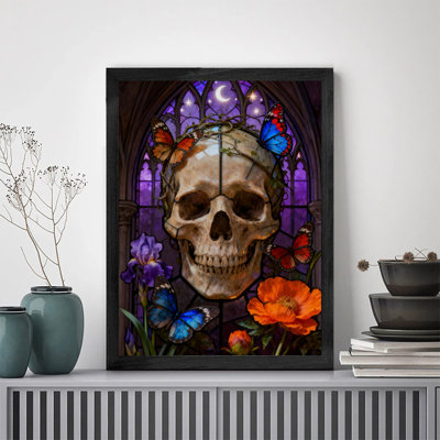 Reproduction d'art encadrée noire rétro avec fleurs de mort de style gothique rétro