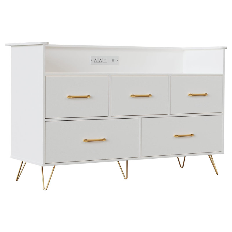 47" 5 Drawer Dresser with LED Lights & Charging Station, Wood Storage Chest, White