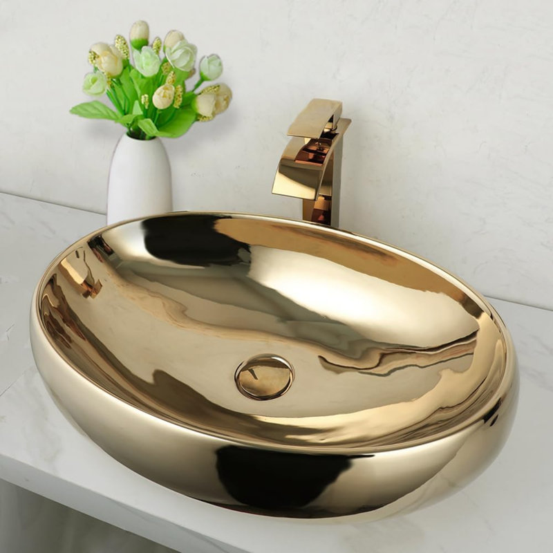 23 Inch Bathroom Vessel Sink Gold Ceramic Sink Bowl With Waterfall Faucet And Pop-Up Drain Combo, Modern Vessel Sink Above Counter Oval Bathroom Sink Basin