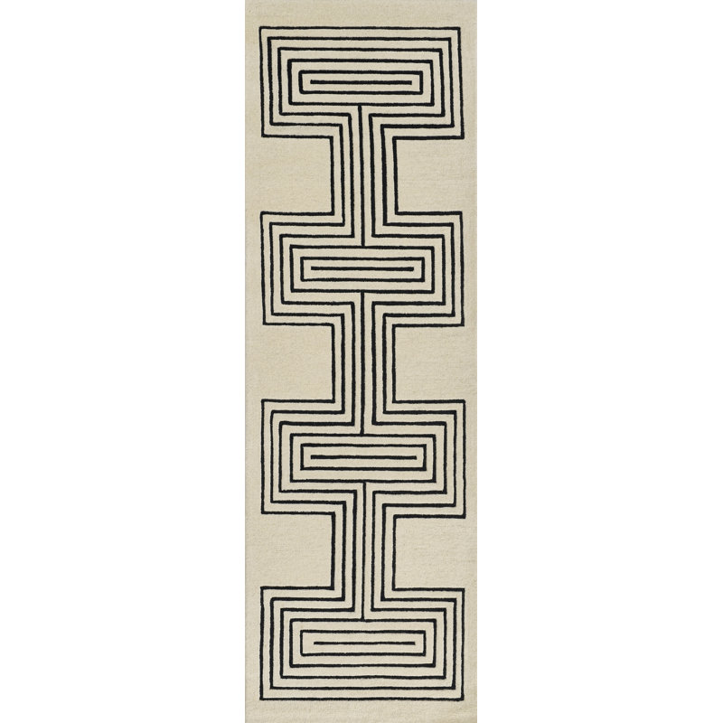 Orlie Hand Tufted Wool Geometric Area Rug in Brown, Runner 2'6" x 8', Black Beige