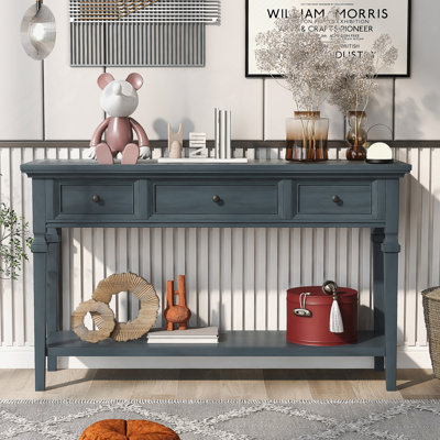 Classic Retro Style Console Table with Three Top Drawers and Open Style Bottom Shelf, Easy Assembly (Navy)