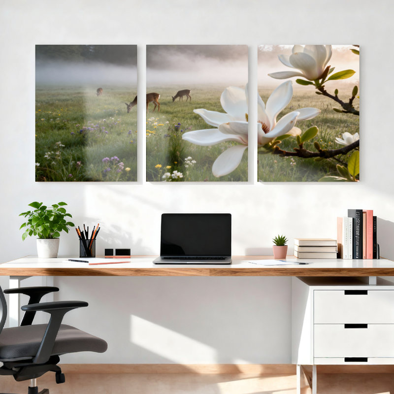Ensemble de 3 toiles murales représentant un paysage de cerfs et de magnolias, pour la décoration du salon et de la chambre.