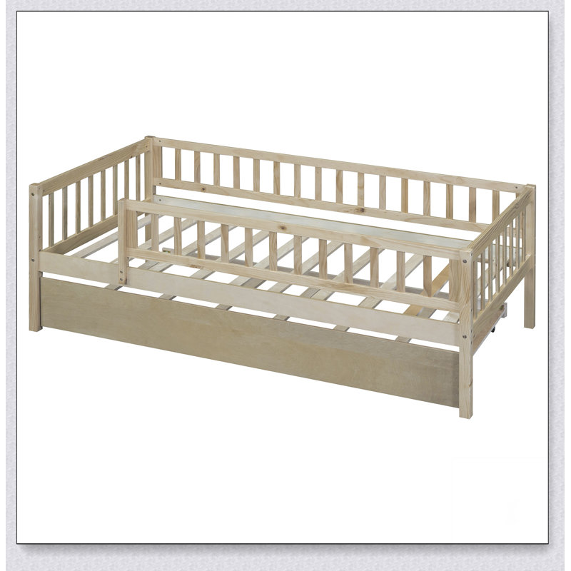 Wood Daybed With Trundle And Fence Guardrails, Natural, Twin