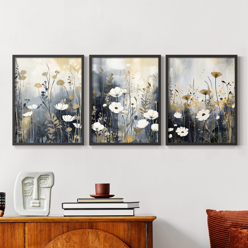 Étude florale Cxxvi -Set de 3 estampes numériques encadrées -Prêt à, H 28 po x l 22 po, Cadre noir