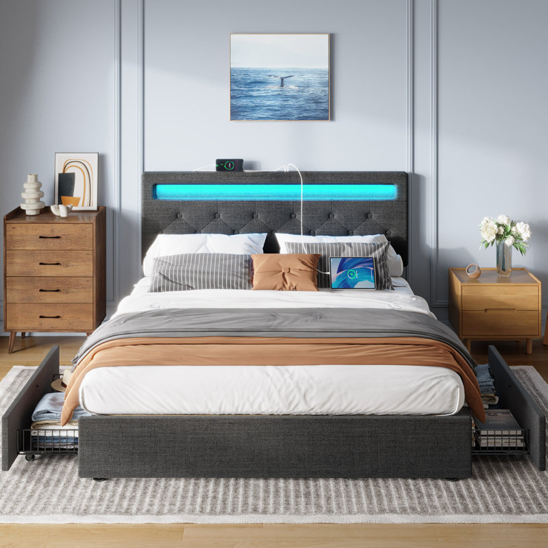 Upholstered Storage Bed with Adjustable Headboard, LED Lights and USB Power Strips, Twin/Single, Gray