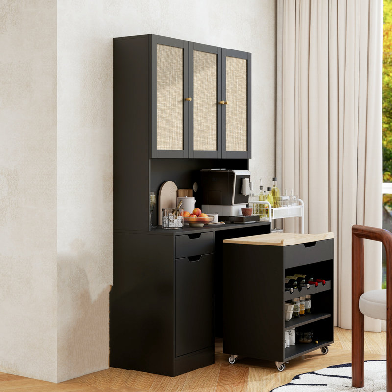 Armoire de cuisine 69,29 pouces avec chariot de cuisine et support pour micro-ondes avec 3 portes en rotin et tablettes réglables, noir