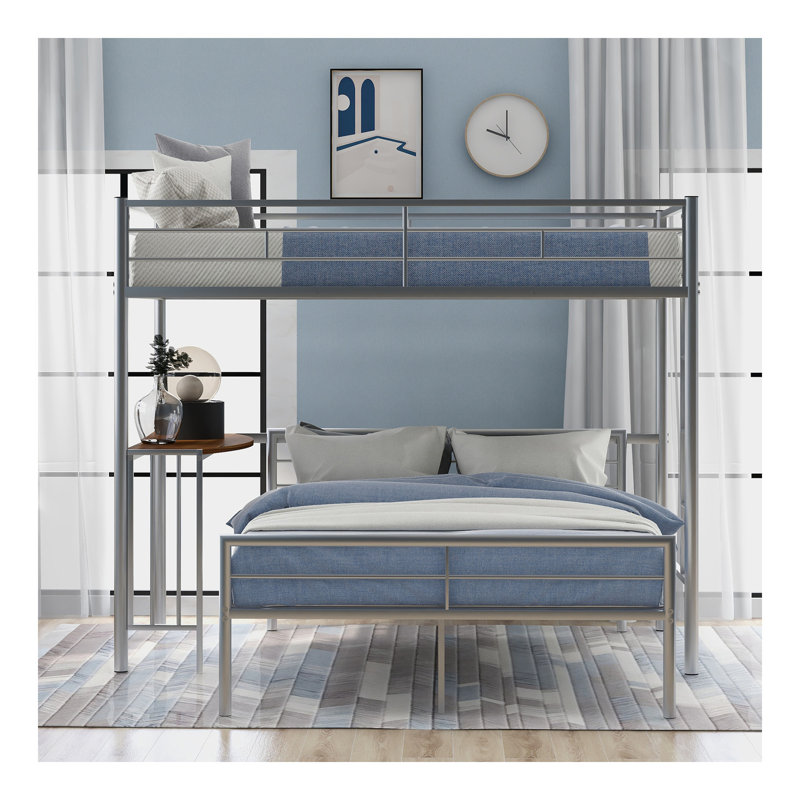 Lit superposé simple au-dessus d'un lit double en métal avec bureau, échelle et lattes de qualité pour la chambre à coucher, argent métallique