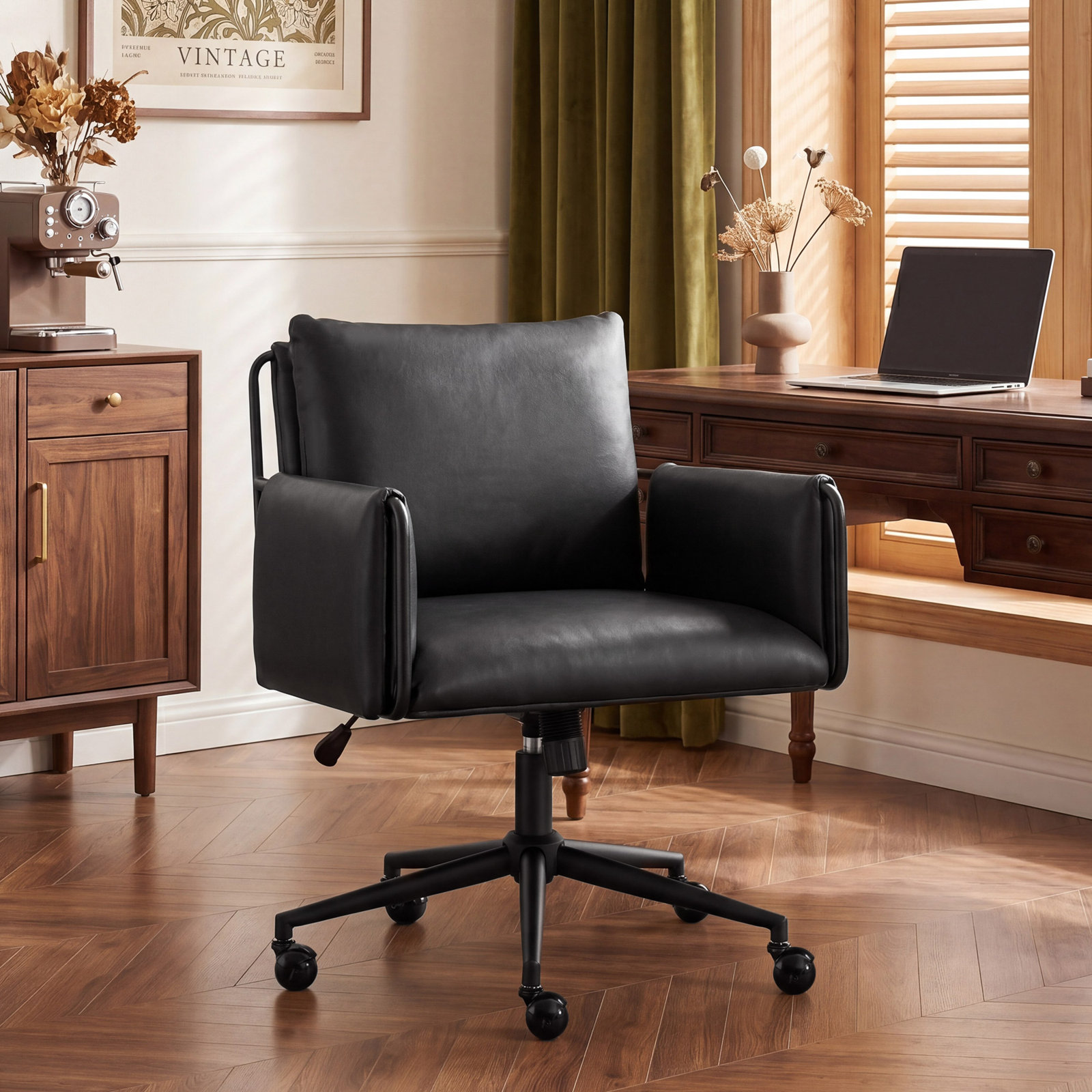 Arianna Upholstered Swivel Office Chair, Black Seat/ Black Frame