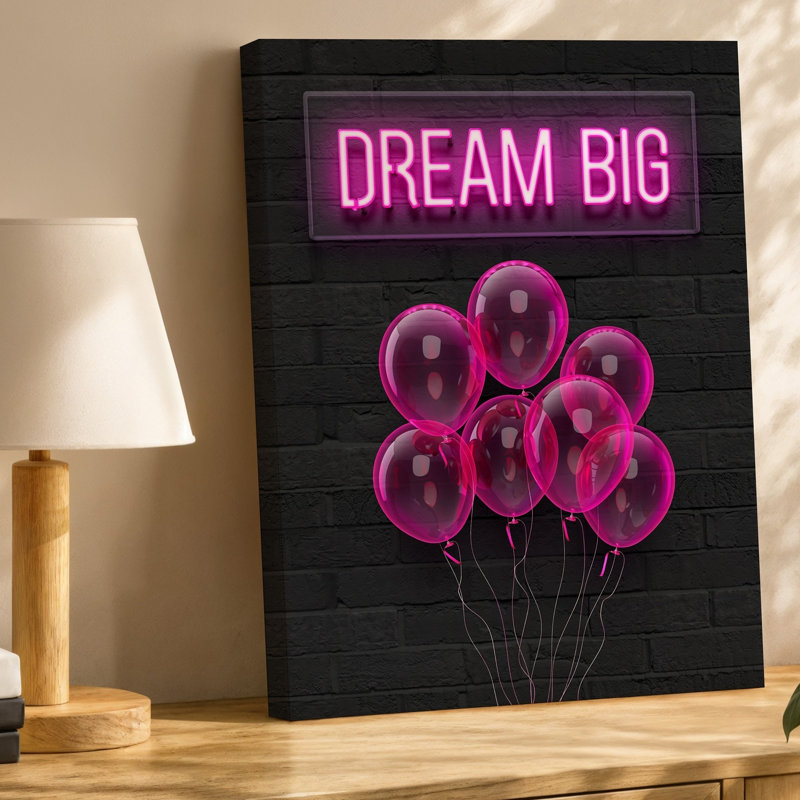 Reproduction d'art sur toile, "Scène vibrante" avec une enseigne au néon rougeoyante qui lit "DREAM BIG" en lettres roses audacieuses contre une toile texturée foncée