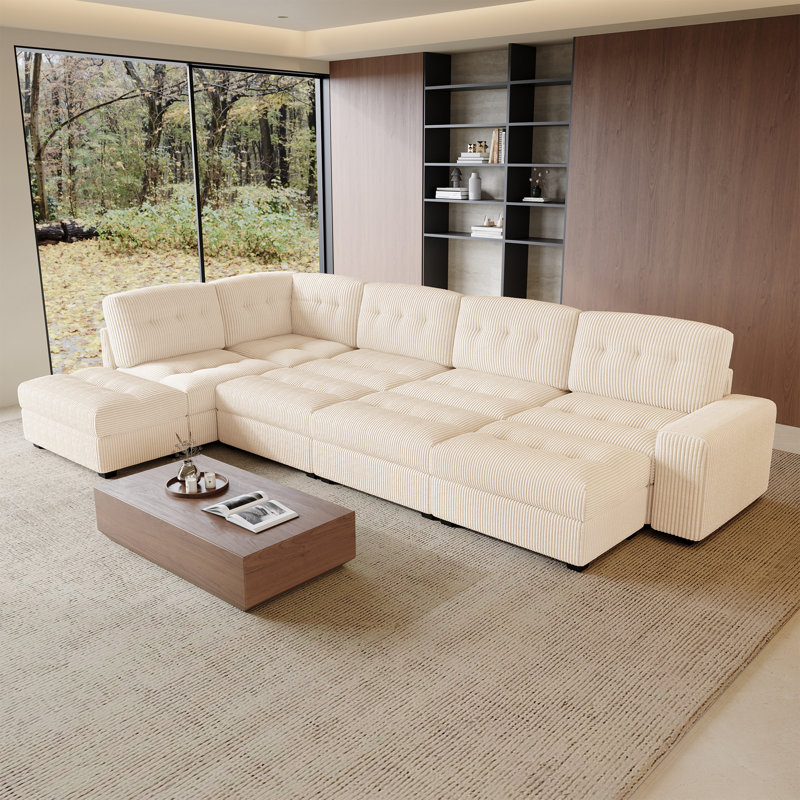 Très grand canapé-lit modulaire en velours côtelé en U de 150,8 pouces avec repose-pieds moelleux, Velours côtelé beige