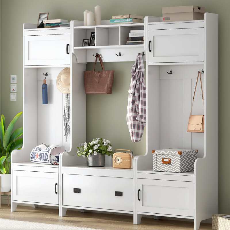 Portemanteau pour couloir avec banc d'entrée, blanc, 7 crochets, organisateur stable et fonctionnel pour 41, support, espace spacieux