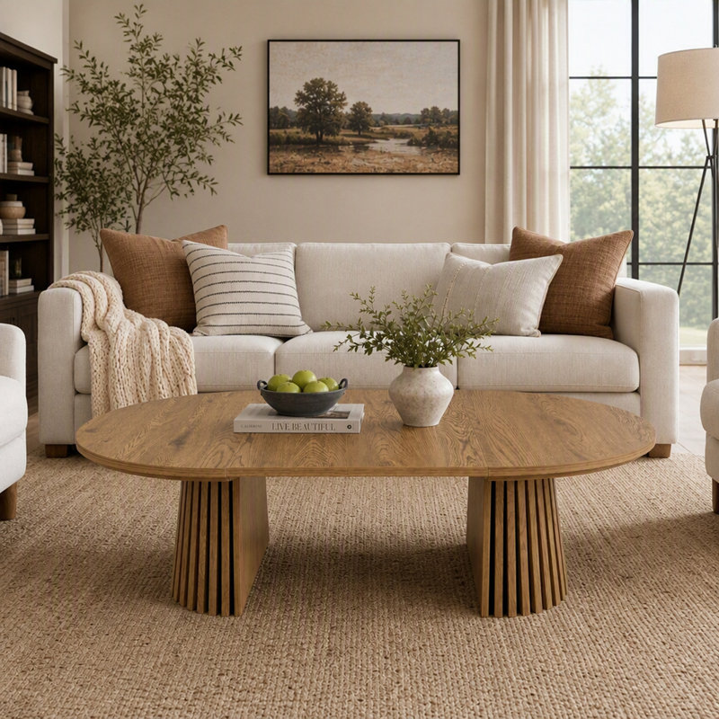 Table basse extensible en bois avec plateau ovale et pieds à lattes