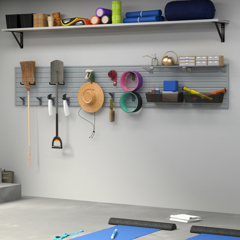 Flow Wall 17 Piece Slatwall Panel, Shelf, Jumbo Bin & Hook Storage Set - Slatwall, Silver