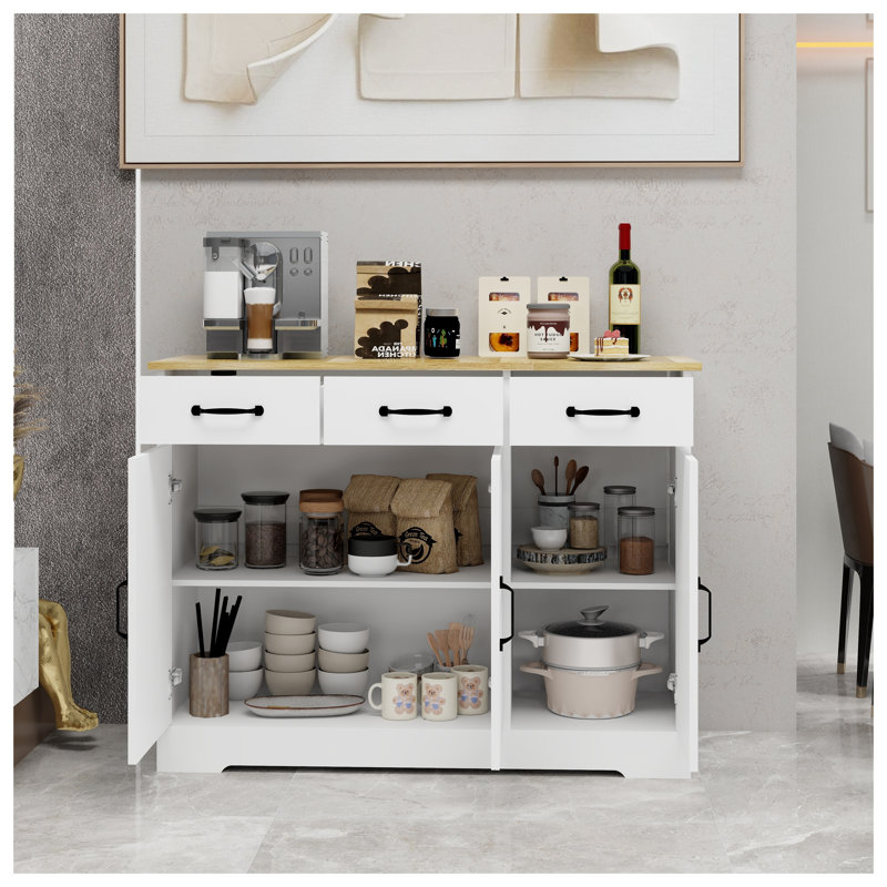 Buffet Farmhouse avec 3 tiroirs et portes - Buffet de rangement blanc pour salle à manger, console de cuisine