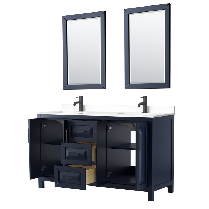 Daria 60'' W Double Vanity, Carrara Cultured Marble, Dark Blue, Brushed Gold