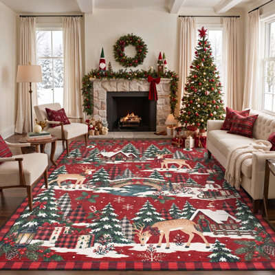 Tapis de salle à manger lavable à poils ras, motif animaux de Noël : cerfs des bois et pont d'hiver, rouge et vert