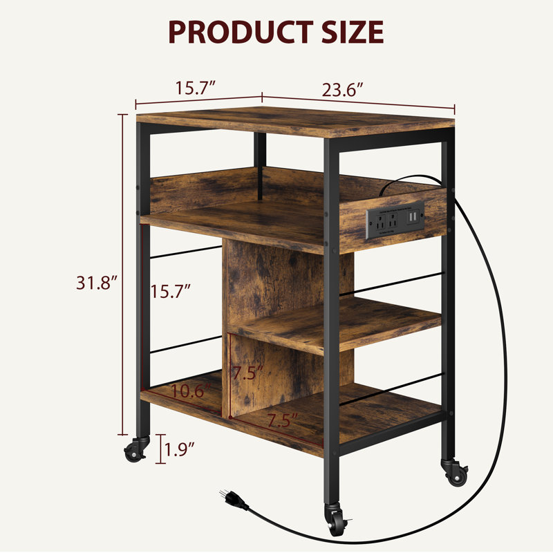 Support pour imprimante à roulettes à 3 niveaux avec multiprise intégrée et ports USB, chariot d'imprimante mobile avec tablettes de rangement