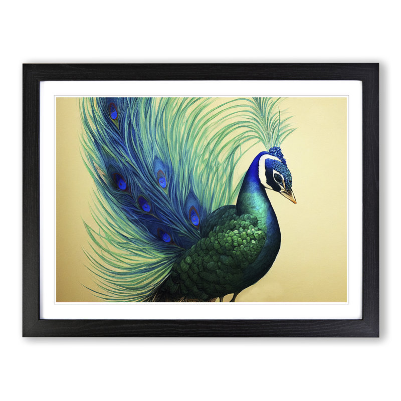 XH1022-6851X Peacock In Watercolour - Picture Frame Print, 25cm H x 34cm W x 2cm D, Black