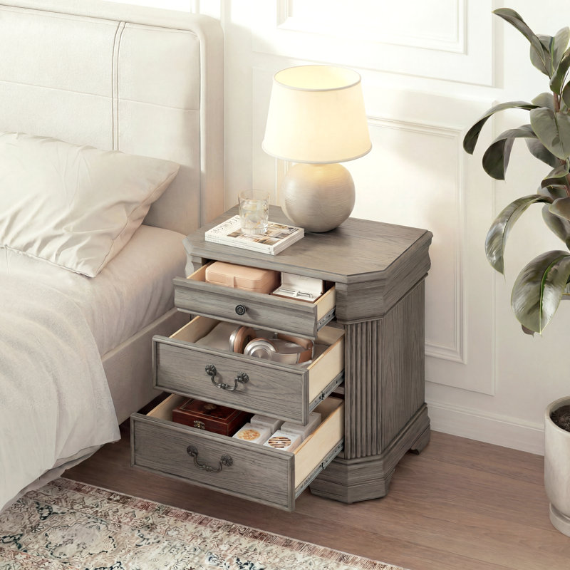 27" W Traditional 3-Drawer Nightstand / End Table, Solid Pine Wood, Fully Assembled, Antique Gray , Gray