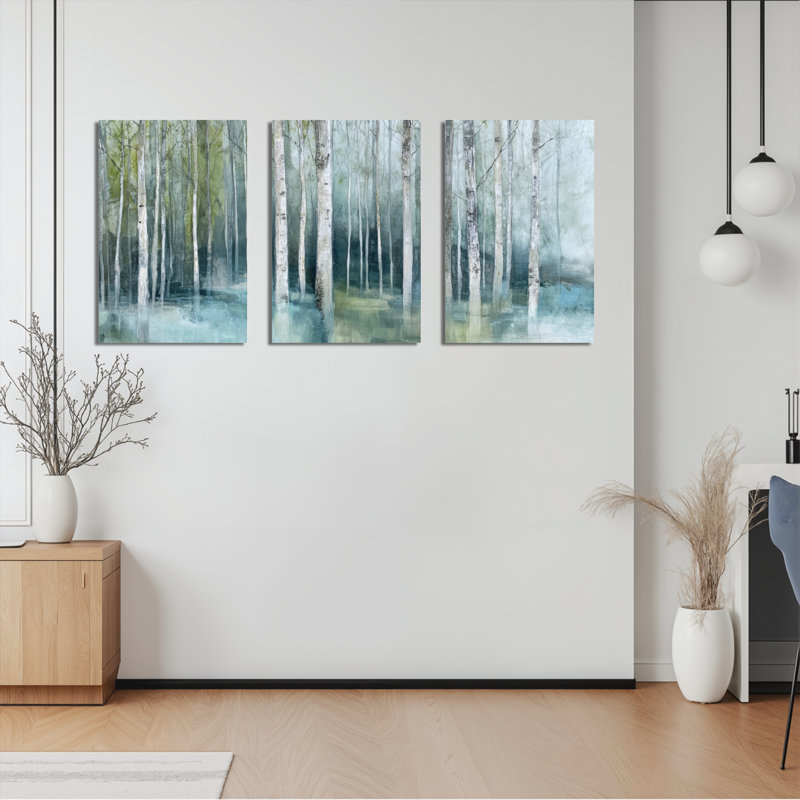 «Birch Tree Forest Landscape», ensemble de 3 reproductions d'art sur toile tendues, H 36 po x l 72 po